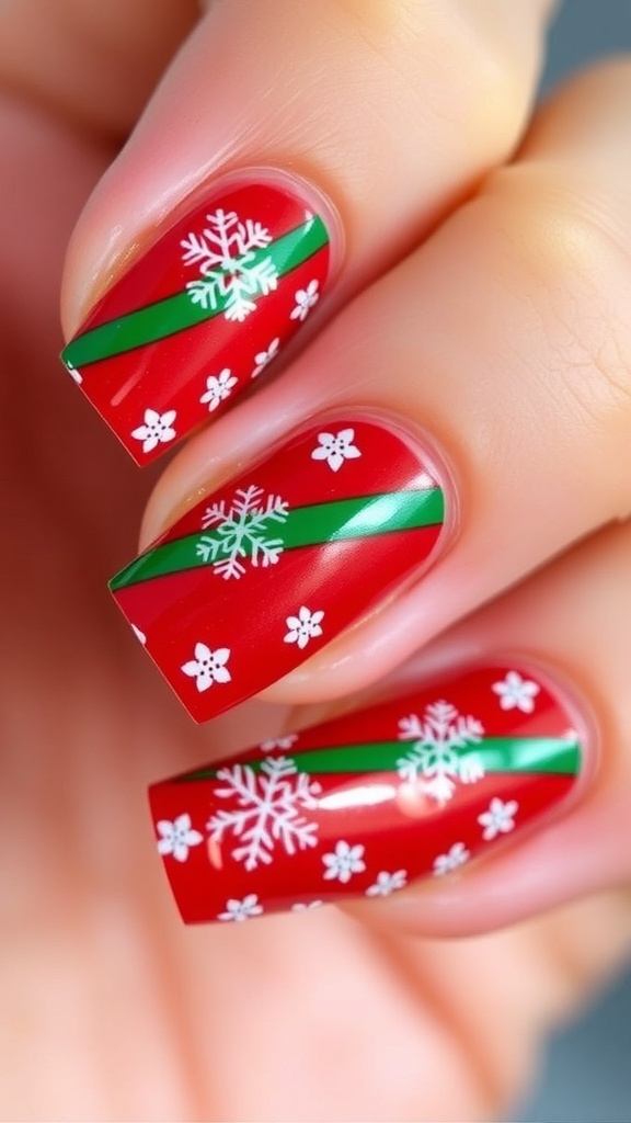 Close-up of Christmas nail design with red base, green stripes, and white snowflakes.